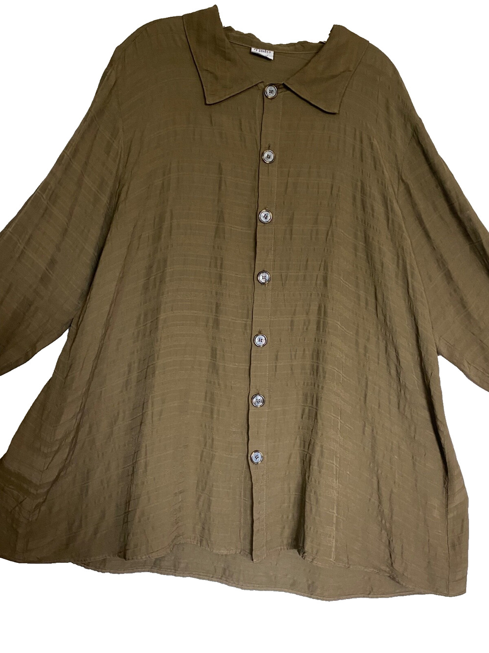 CP SHADES Oversized Vintage Textured Big Button Swing Shirt Boho Olive Green L